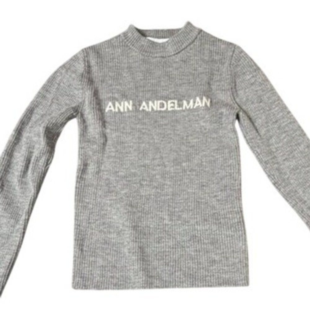 Ann Andelman Sweater XS Grey Merino Wool Ribbed Mock Neck Logo Layering Warm